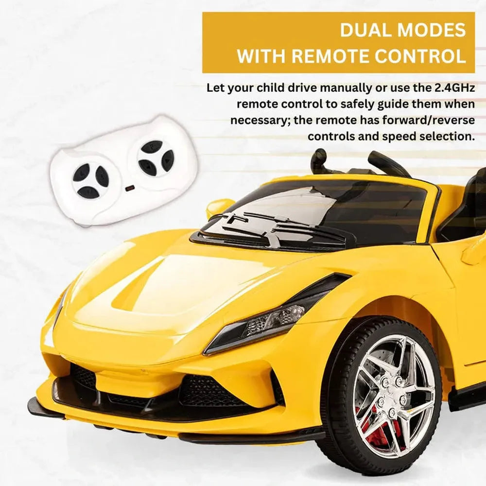 Parental & Self Control | Battery Ride On Ferrari Car | Multi-Songs, Light, USB Slot, Honk (1.5-8 Years) | Assorted Colors & Designs