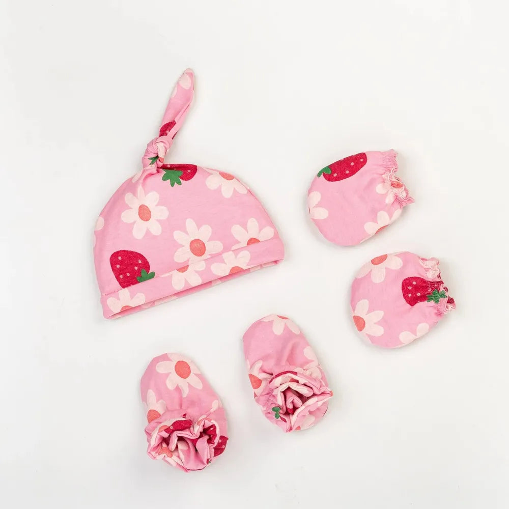 Beelittle Flower Strawberry Cotton Cap, Mittens and Booties (0-6 Months)