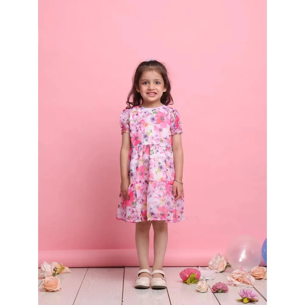 Saka Designs Girls Pink Floral Georgette Frock with Puff Sleeves