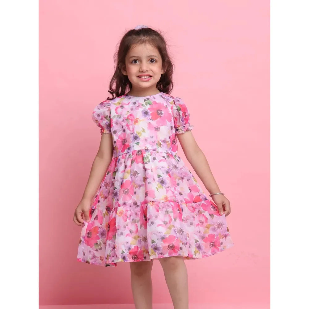 Saka Designs Girls Pink Floral Georgette Frock with Puff Sleeves
