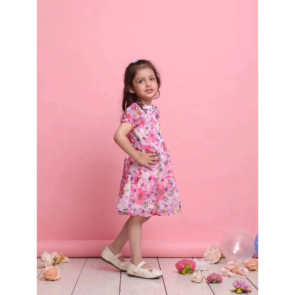 Saka Designs Girls Pink Floral Georgette Frock with Puff Sleeves