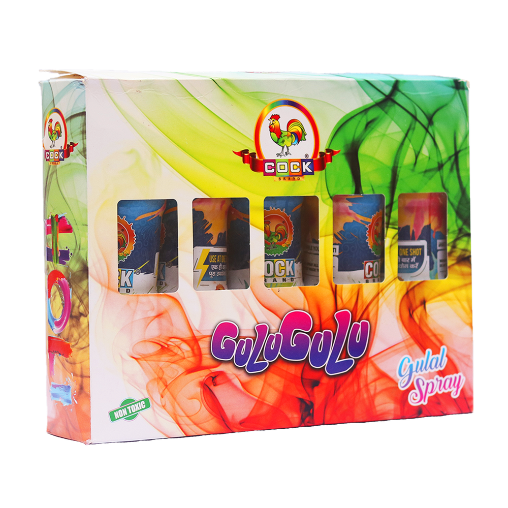 Colour Craze Holi Combo: 1 Cylinder (4kg), 1 Box of Gulugulu, 2 Boxes of Color Fog, 2 Snow Spray (110ml) & 5 Packets of Gulaal | Assorted Colors & Prints