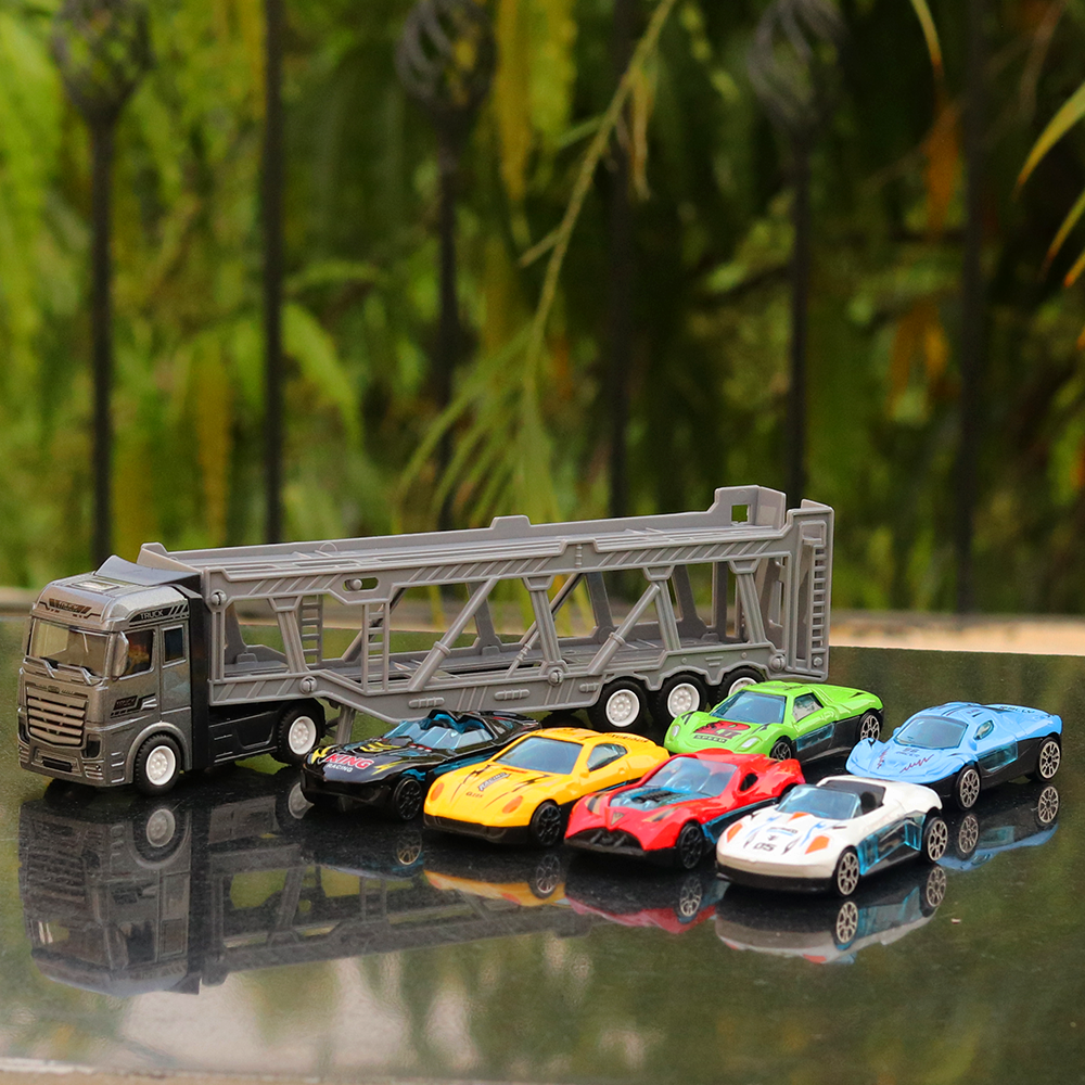 7 in 1 Heavy Duty Truck Playset - 6 Diecast Cars & 1 Hauler (3-10 Years)