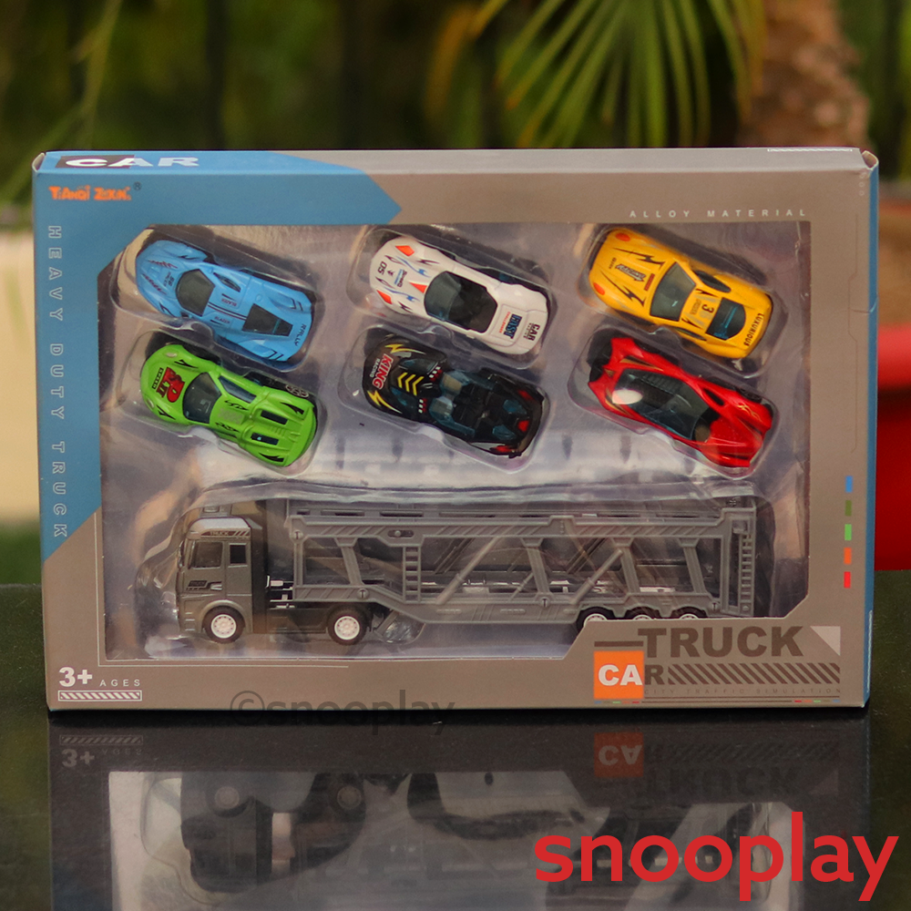 7 in 1 Heavy Duty Truck Playset - 6 Diecast Cars & 1 Hauler (3-10 Years)