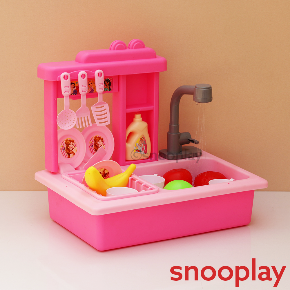 Kriiddaank Original Princess Toy Kitchen Sink with Realistic Running Water & Automatic Recycle System- 22 Pieces | Licensed Disney Toy (3-7 Years)