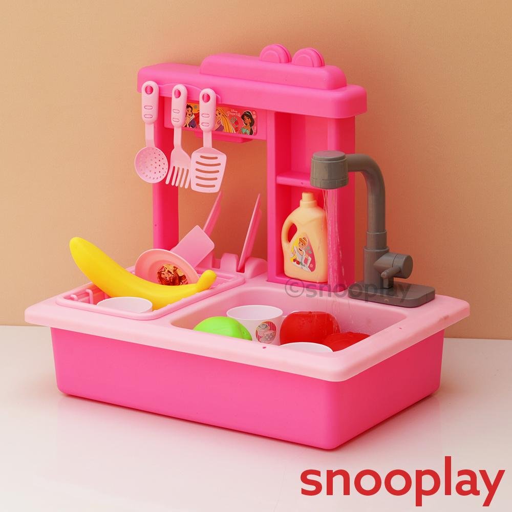 Kriiddaank Original Princess Toy Kitchen Sink with Realistic Running Water & Automatic Recycle System- 22 Pieces | Licensed Disney Toy (3-7 Years)