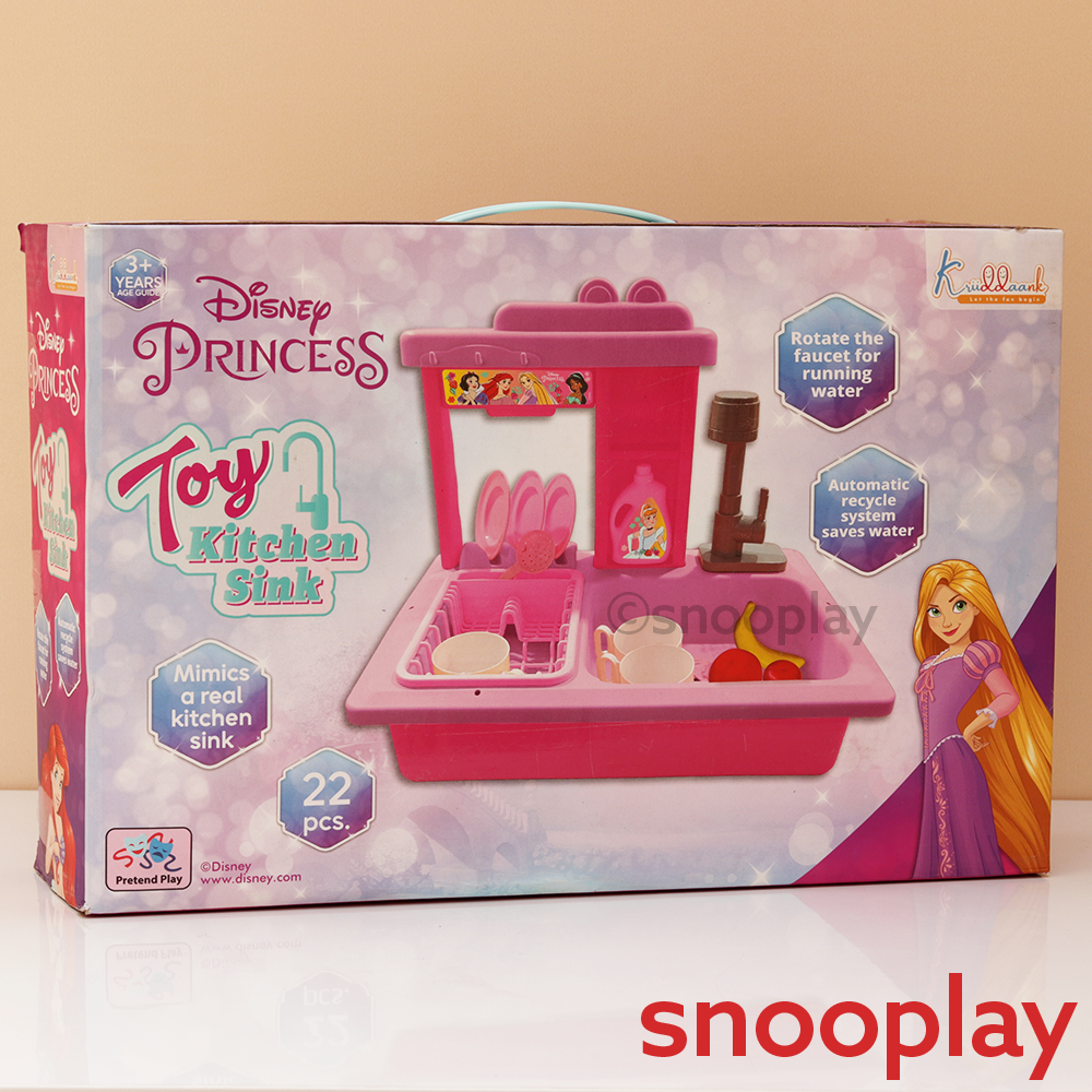 Kriiddaank Original Princess Toy Kitchen Sink with Realistic Running Water & Automatic Recycle System- 22 Pieces | Licensed Disney Toy (3-7 Years)