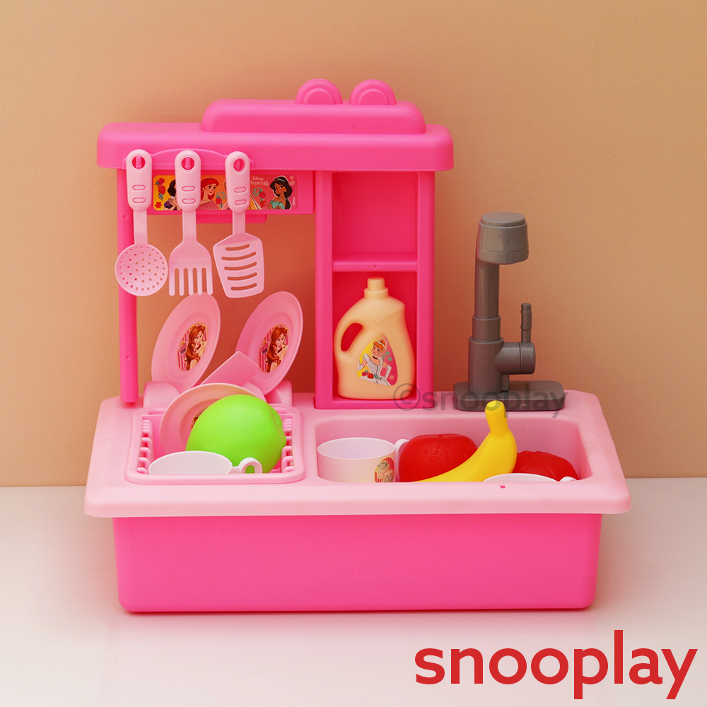 Kriiddaank Original Princess Toy Kitchen Sink with Realistic Running Water & Automatic Recycle System- 22 Pieces | Licensed Disney Toy (3-7 Years)