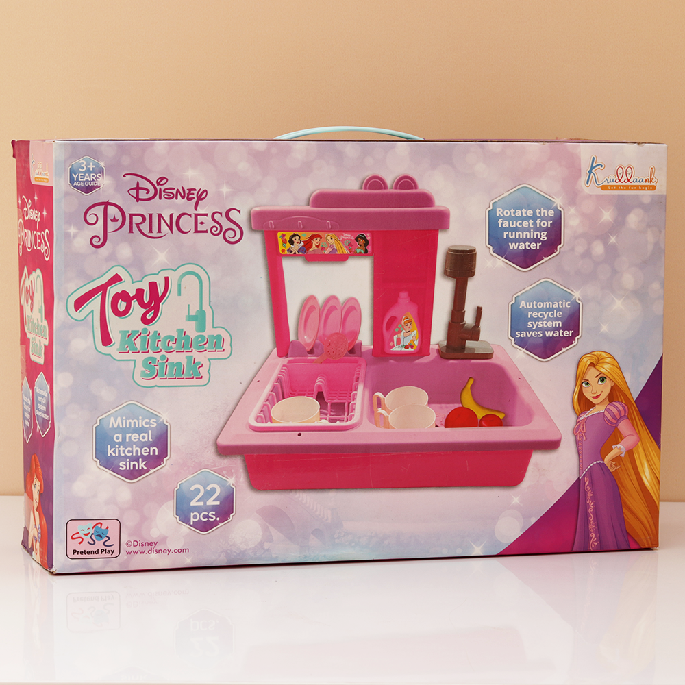 Kriiddaank Original Princess Toy Kitchen Sink with Realistic Running Water & Automatic Recycle System- 22 Pieces | Licensed Disney Toy (3-7 Years)