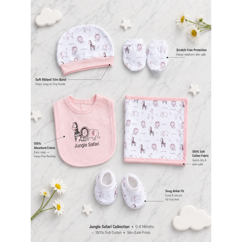 Mama's Care Jungle Safari 9 Pieces Gift Set - 100% Cotton Interlock Theme | Pink