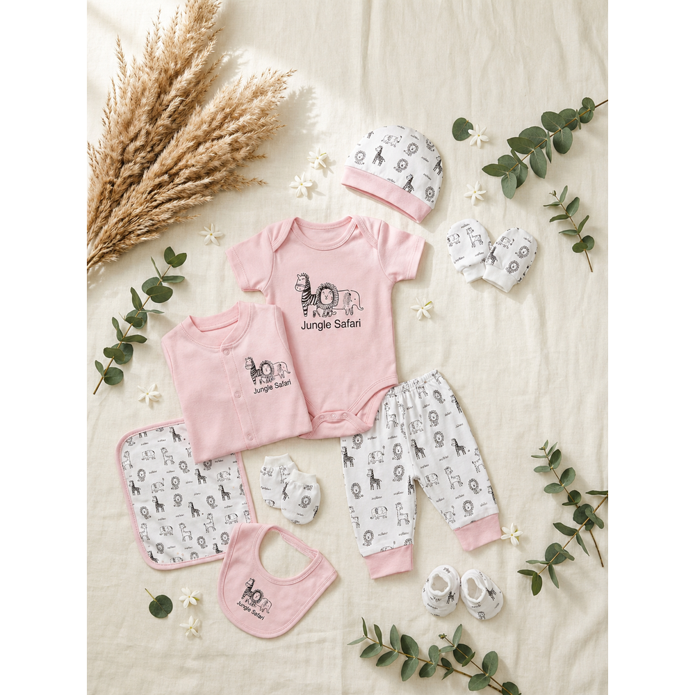 Mama's Care Jungle Safari Gift Set - Pack of 10+1 Teether Cum Rattle | Pink
