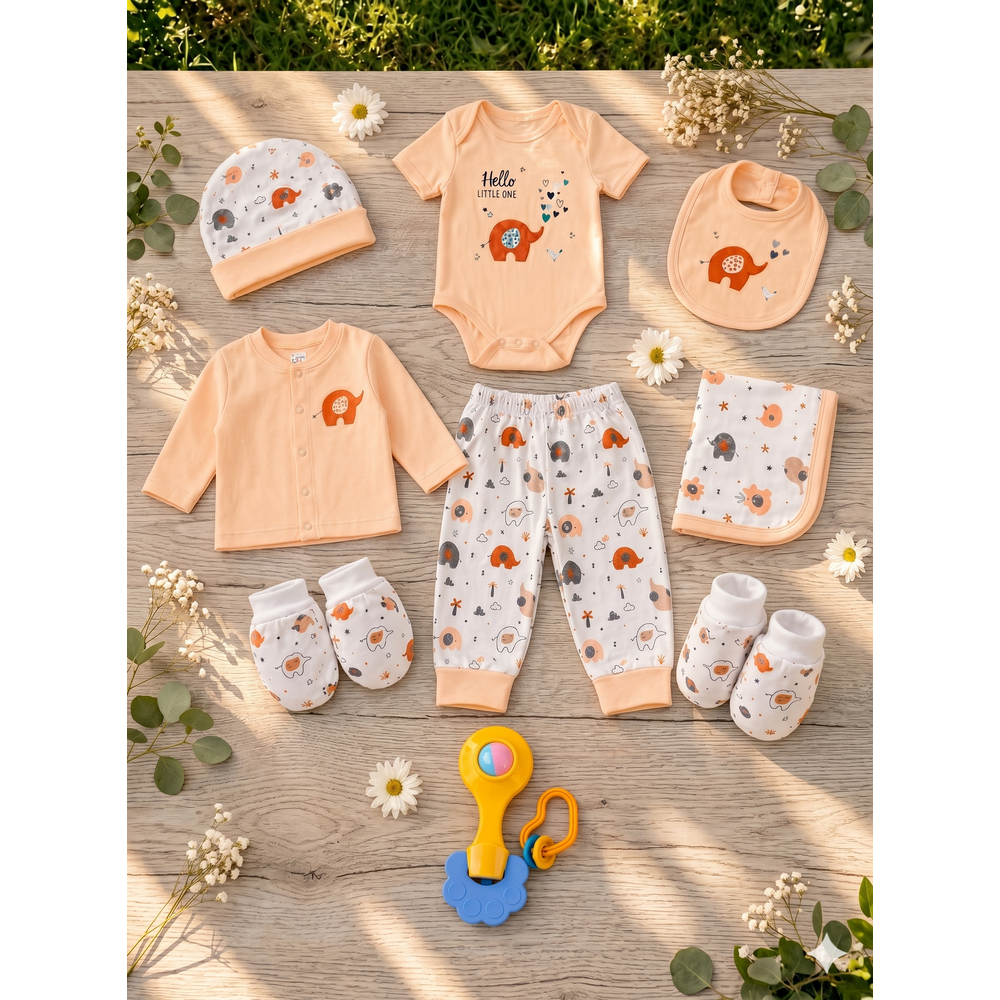 Mama's Care Hello Lil One Gift Set - Pack of 10+1 Teether Cum Rattle | Light Peach