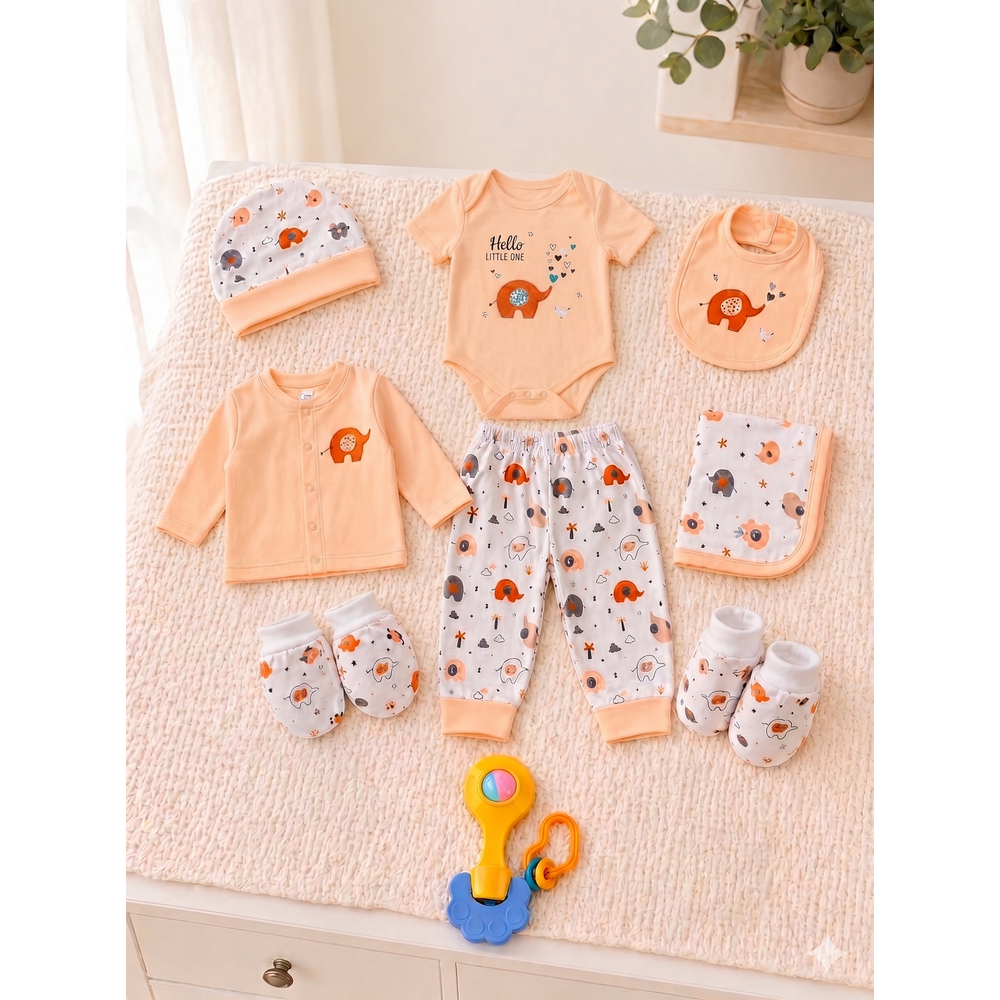 Mama's Care Hello Lil One Gift Set - Pack of 10+1 Teether Cum Rattle | Light Peach