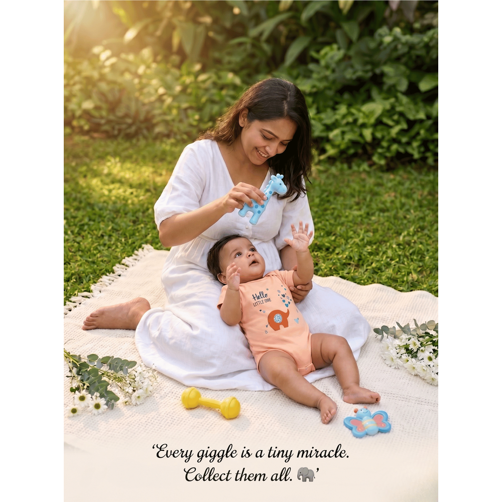 Mama's Care Hello Lil One Gift Set - Pack of 10+1 Teether Cum Rattle | Light Peach