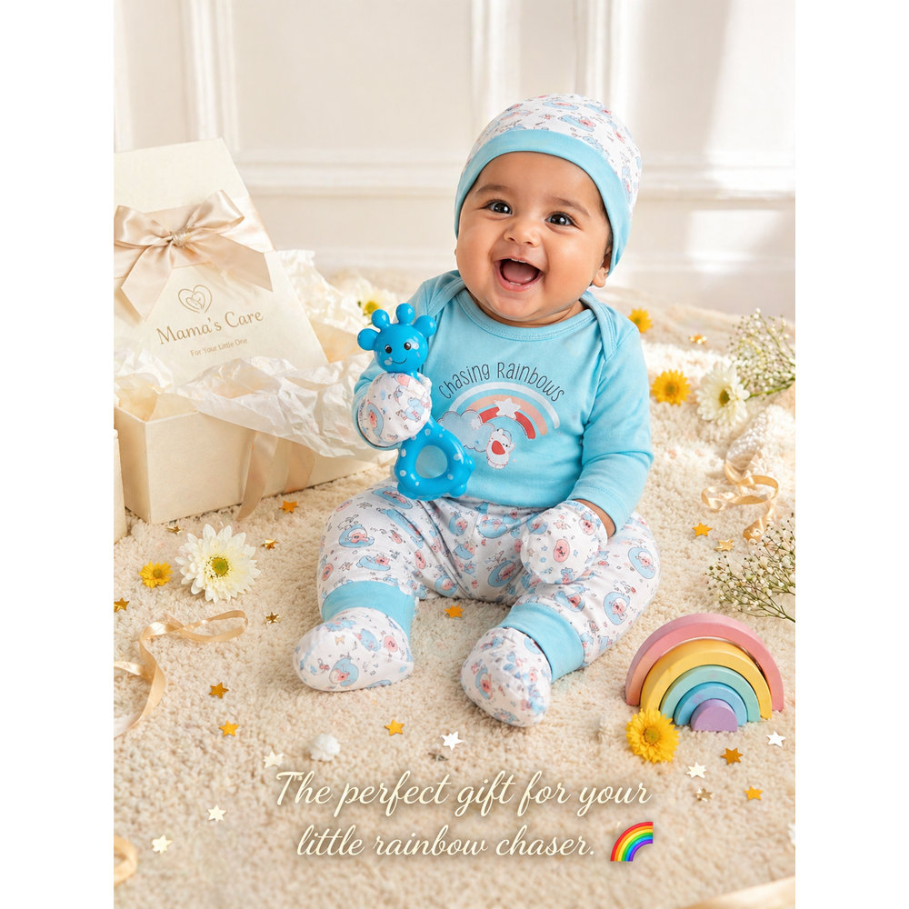 Mama's Care Chasing Rainbow 9 Pieces Gift Set - 100% Cotton Interlock Theme | Sky Blue