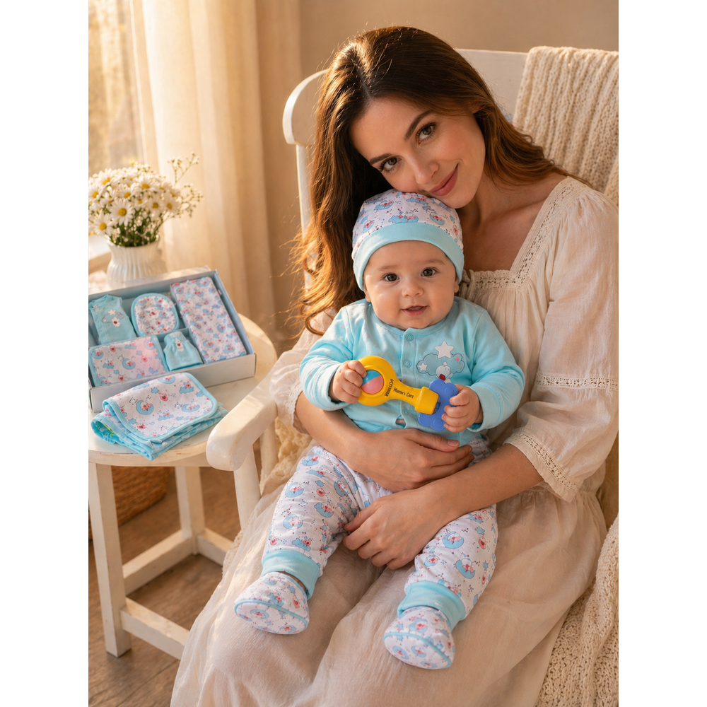 Mama's Care 13 Pieces Gift Set - Pack of 10+3 Teether & Rattle | Chasing Rainbow | Sky Blue