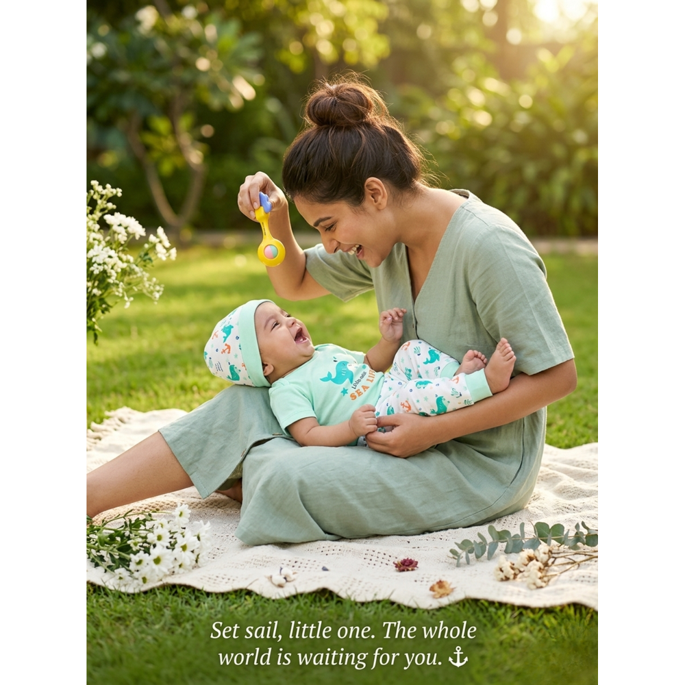 Mama's Care Sea Life 9 Pieces Gift Set - 100% Cotton Interlock Theme | Sea Green