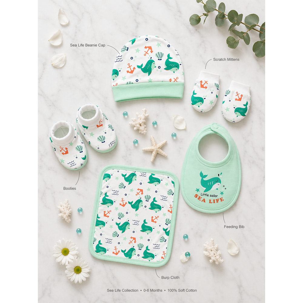 Mama's Care Sea Life 13 Pieces Gift Set - Pack of 10+3 Teether & Rattle | Sea Green