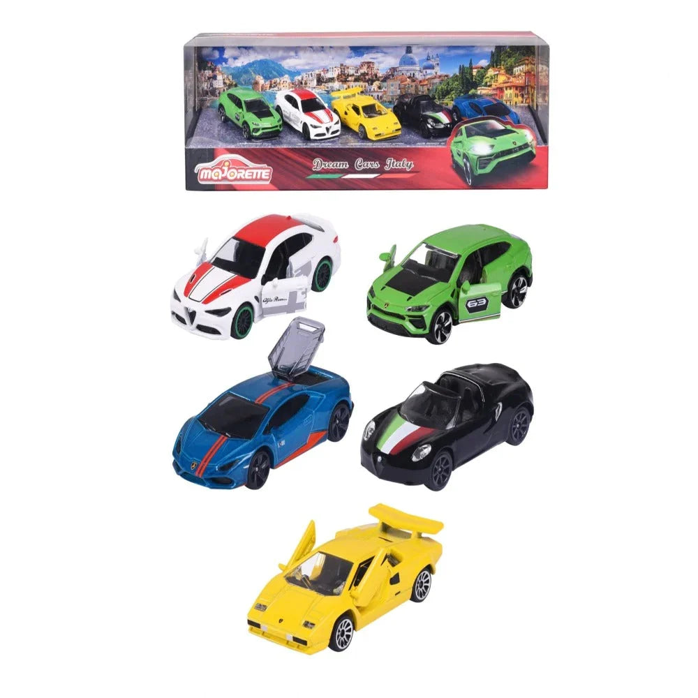 Original Licensed Majorette Set of 5 Dream Cars Italy - Lamborghini Urus, Alfa Romeo Giulia, Lamborghini Countach LP400, Alfa Romeo 4C Spider, Lamborghini Huracan Avio