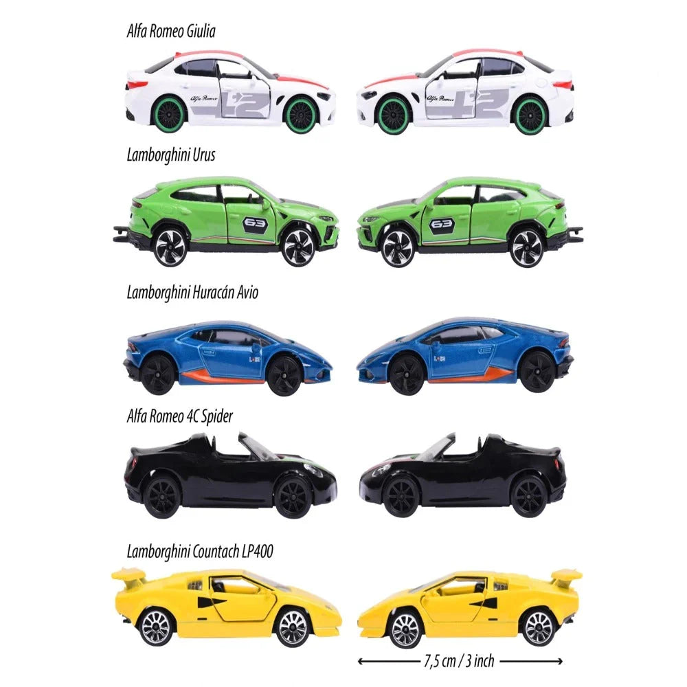 Original Licensed Majorette Set of 5 Dream Cars Italy - Lamborghini Urus, Alfa Romeo Giulia, Lamborghini Countach LP400, Alfa Romeo 4C Spider, Lamborghini Huracan Avio