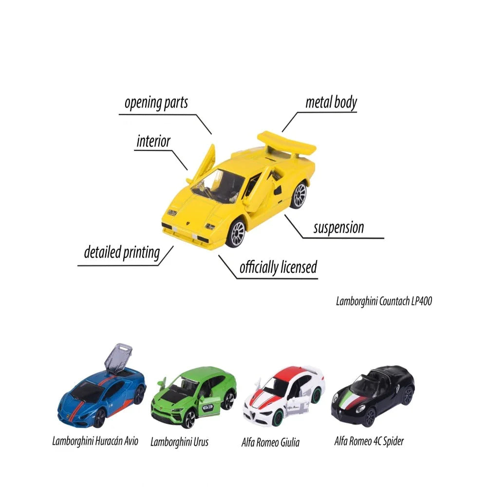 Original Licensed Majorette Set of 5 Dream Cars Italy - Lamborghini Urus, Alfa Romeo Giulia, Lamborghini Countach LP400, Alfa Romeo 4C Spider, Lamborghini Huracan Avio