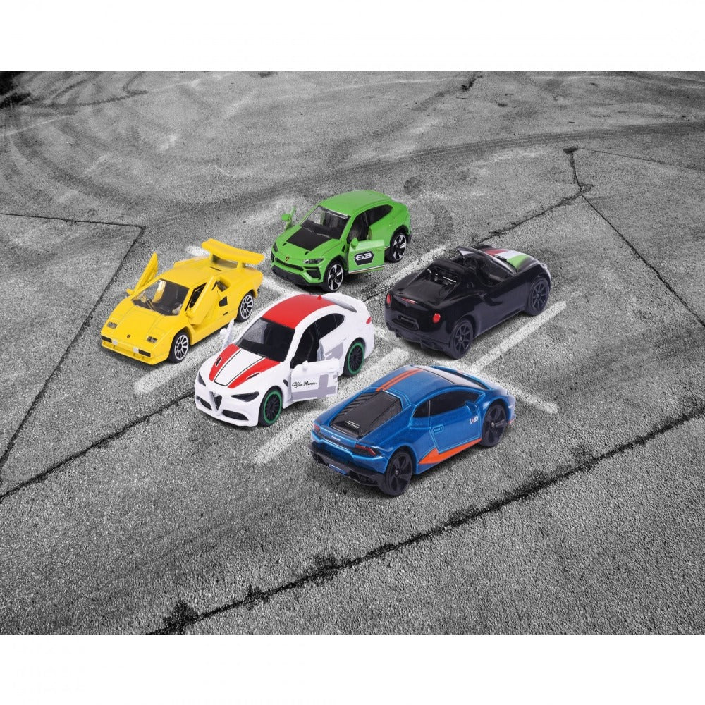 Original Licensed Majorette Set of 5 Dream Cars Italy - Lamborghini Urus, Alfa Romeo Giulia, Lamborghini Countach LP400, Alfa Romeo 4C Spider, Lamborghini Huracan Avio