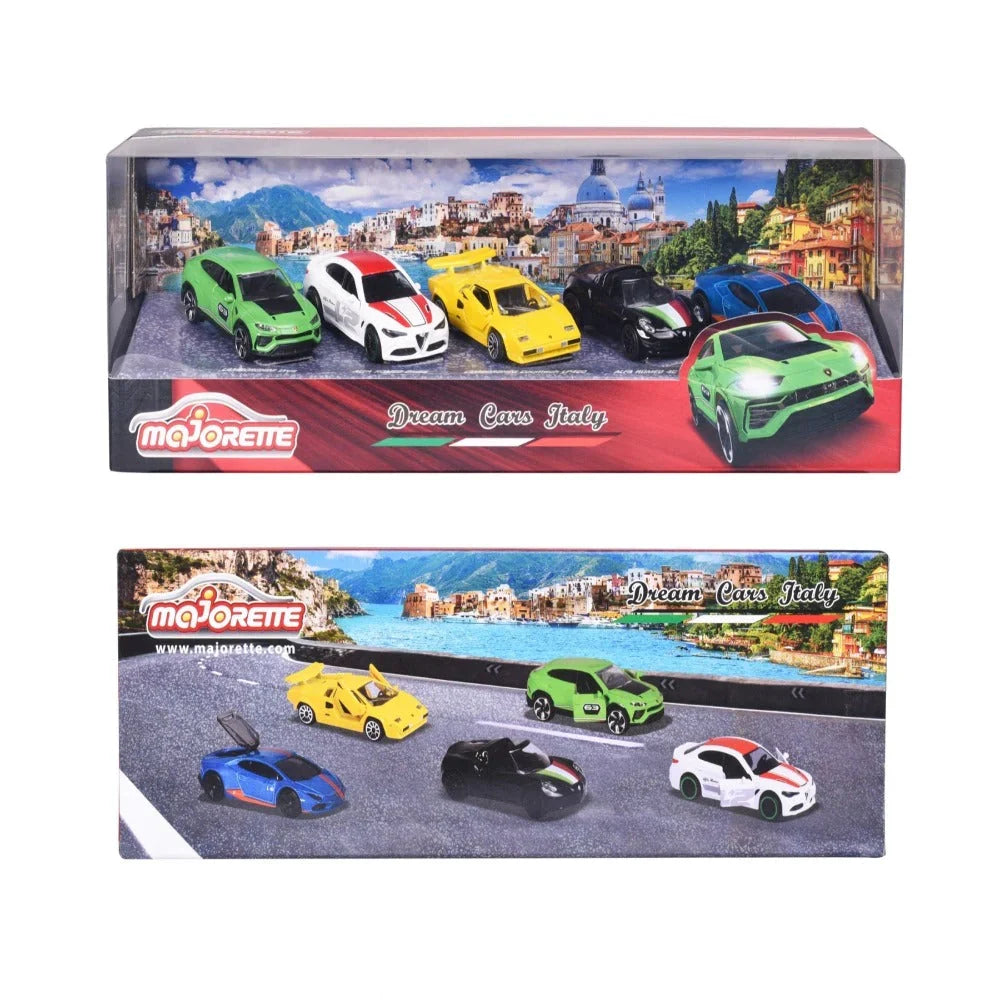 Original Licensed Majorette Set of 5 Dream Cars Italy - Lamborghini Urus, Alfa Romeo Giulia, Lamborghini Countach LP400, Alfa Romeo 4C Spider, Lamborghini Huracan Avio