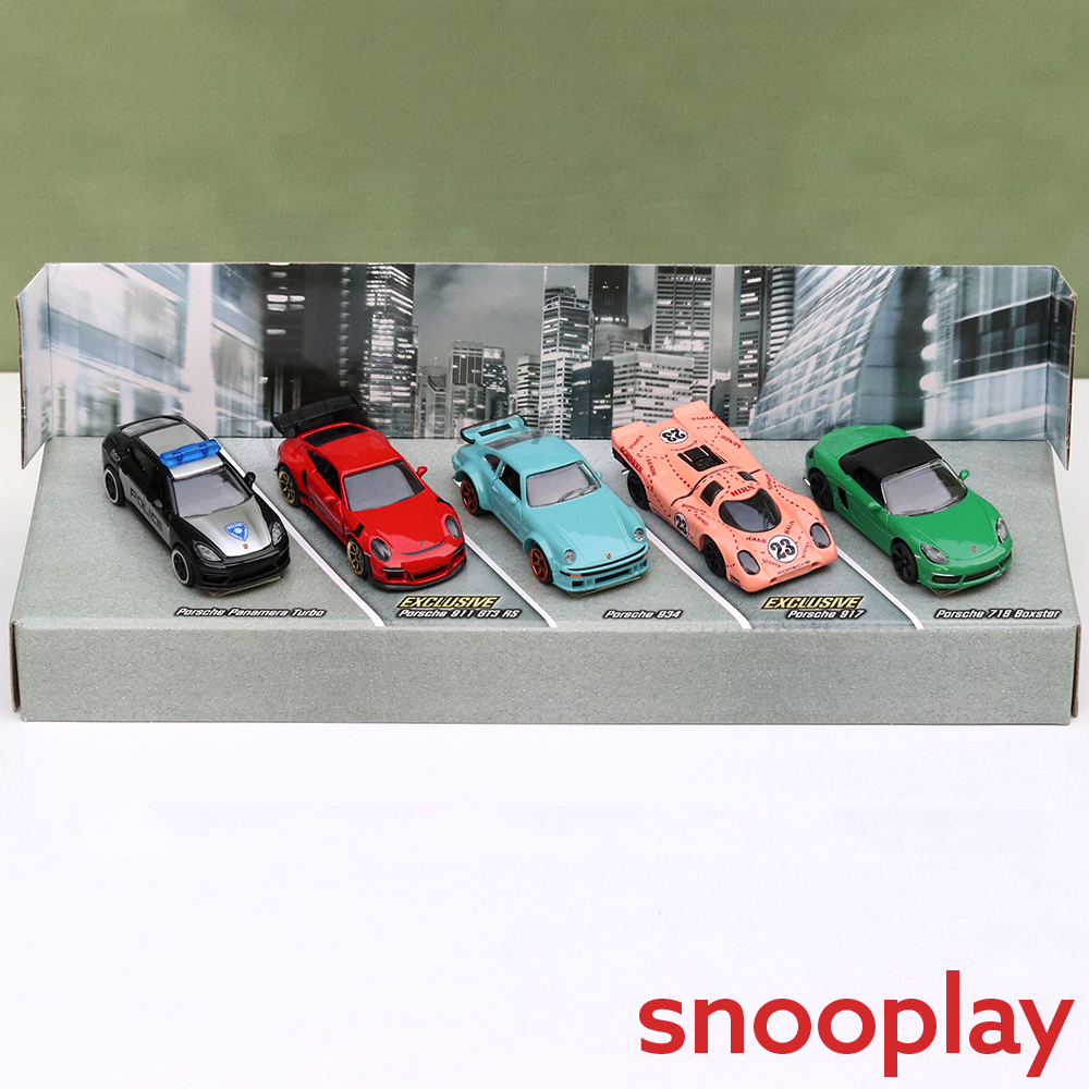 Set of 5 Licensed Majorette Diecast Porsche Edition - Porsche Panamera Turbo, Porsche 911 GT3 RS, Porsche 934, Porsche 917, Porsche 718 Boxster