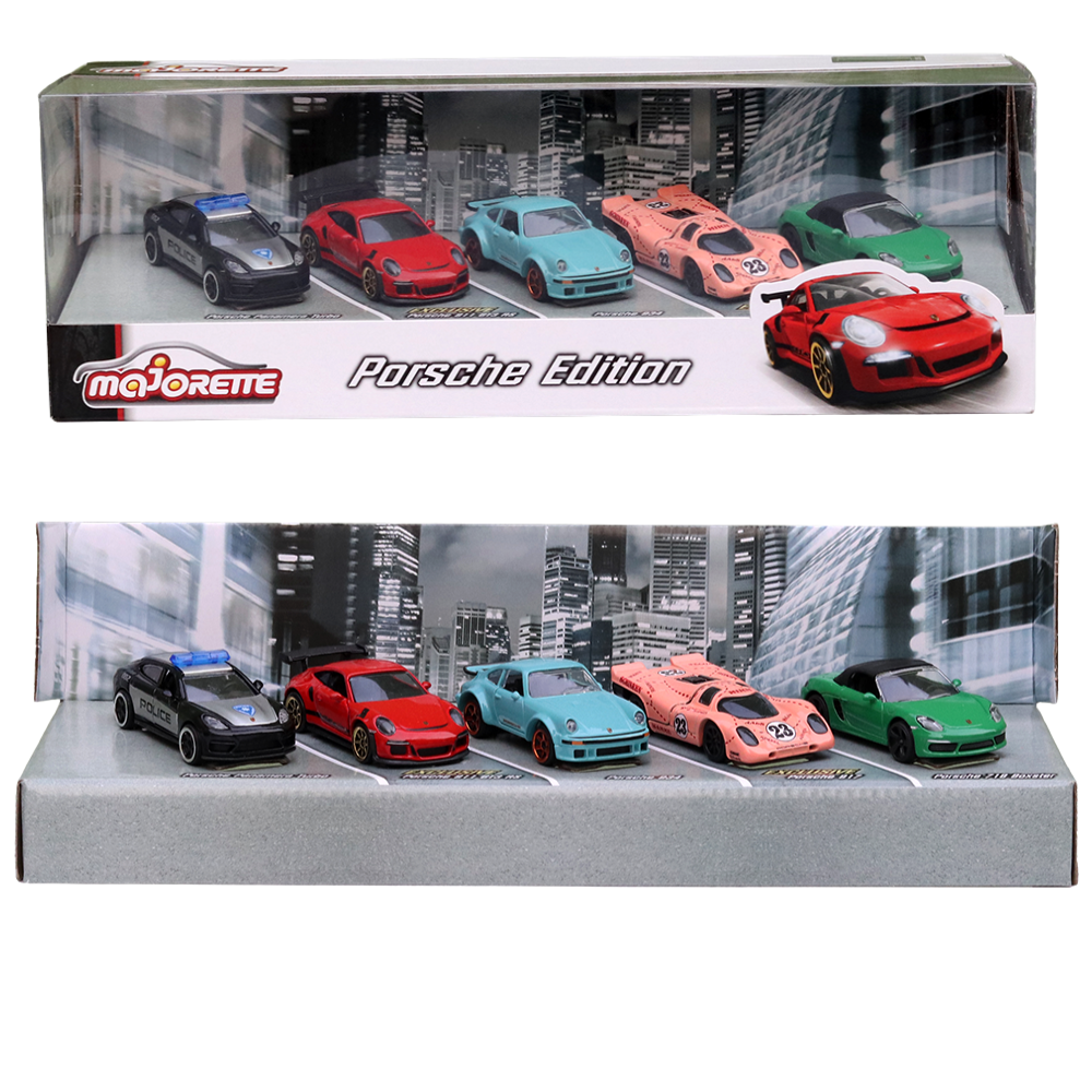 Set of 5 Licensed Majorette Diecast Porsche Edition - Porsche Panamera Turbo, Porsche 911 GT3 RS, Porsche 934, Porsche 917, Porsche 718 Boxster