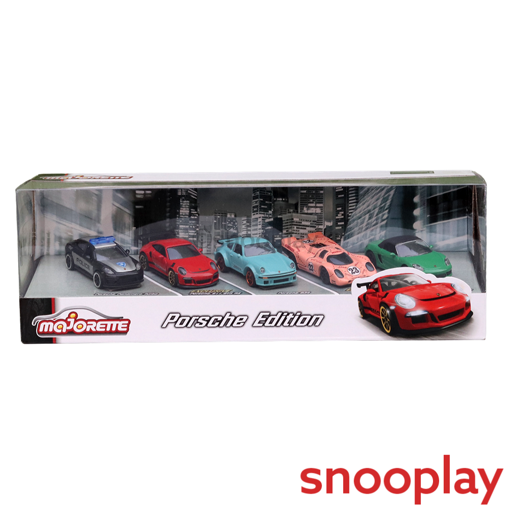 Set of 5 Licensed Majorette Diecast Porsche Edition - Porsche Panamera Turbo, Porsche 911 GT3 RS, Porsche 934, Porsche 917, Porsche 718 Boxster