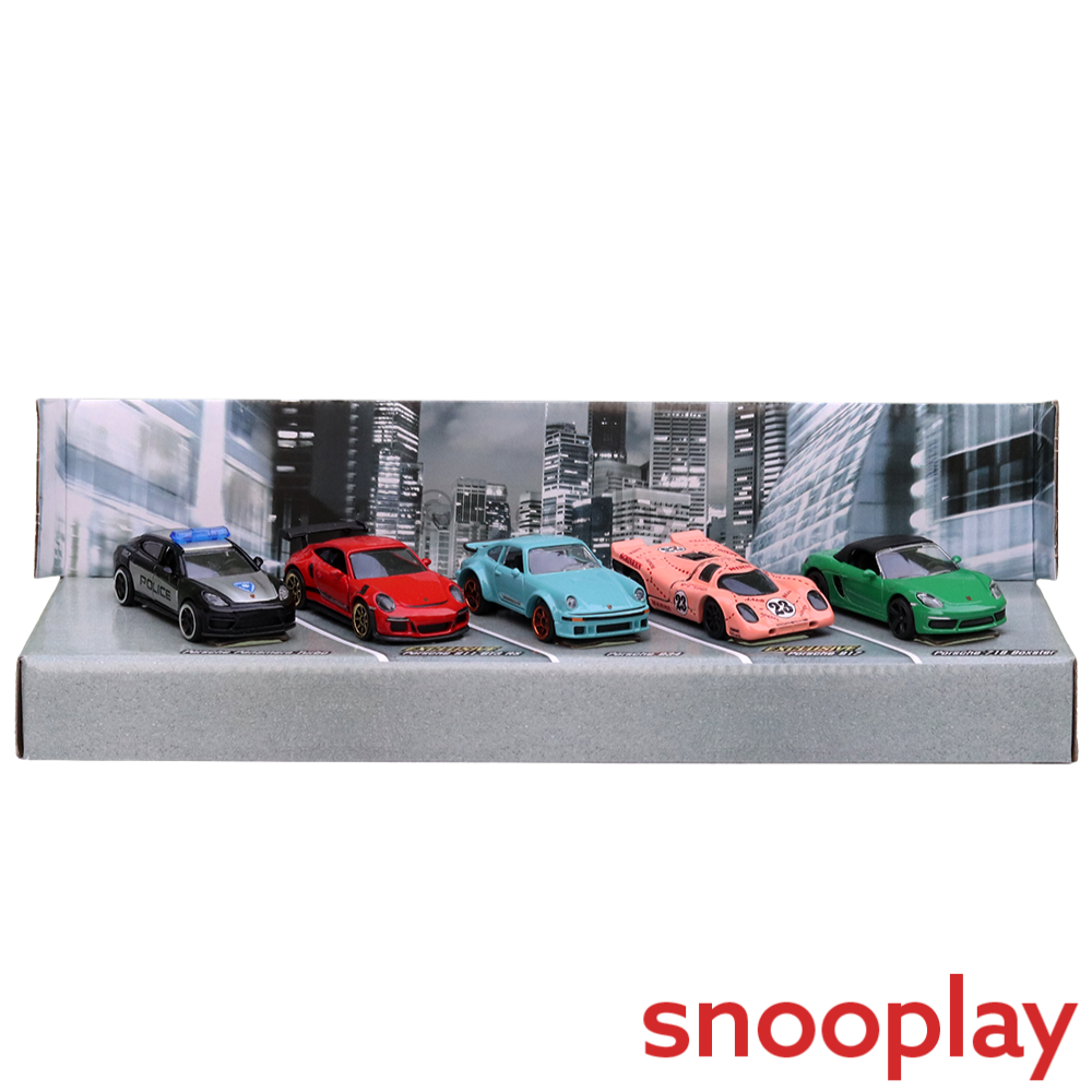 Set of 5 Licensed Majorette Diecast Porsche Edition - Porsche Panamera Turbo, Porsche 911 GT3 RS, Porsche 934, Porsche 917, Porsche 718 Boxster