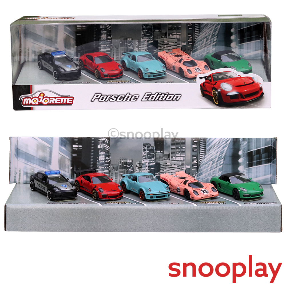 Set of 5 Licensed Majorette Diecast Porsche Edition - Porsche Panamera Turbo, Porsche 911 GT3 RS, Porsche 934, Porsche 917, Porsche 718 Boxster