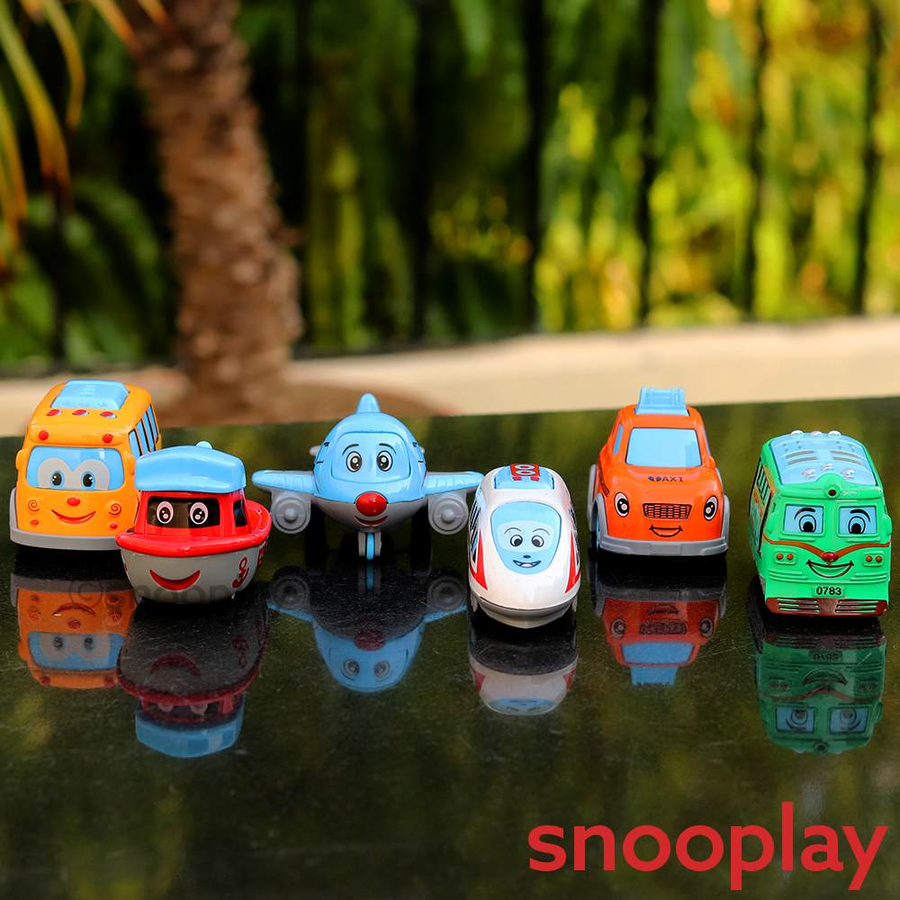 Pack of 6 Small Diecast Vehicles Set - Ship, Taxi, Airplane, Bullet Train, Bus & Tram (2-8 Years)