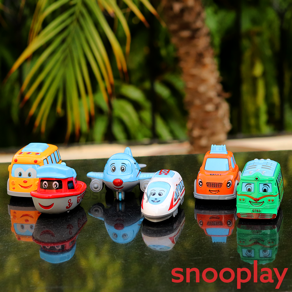 Pack of 6 Small Diecast Vehicles Set - Ship, Taxi, Airplane, Bullet Train, Bus & Tram (2-8 Years)