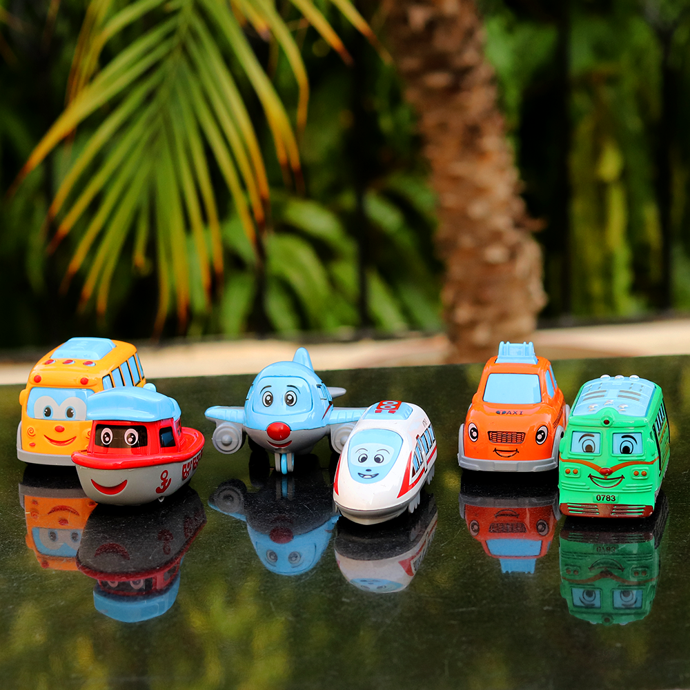 Pack of 6 Small Diecast Vehicles Set - Ship, Taxi, Airplane, Bullet Train, Bus & Tram (2-8 Years)