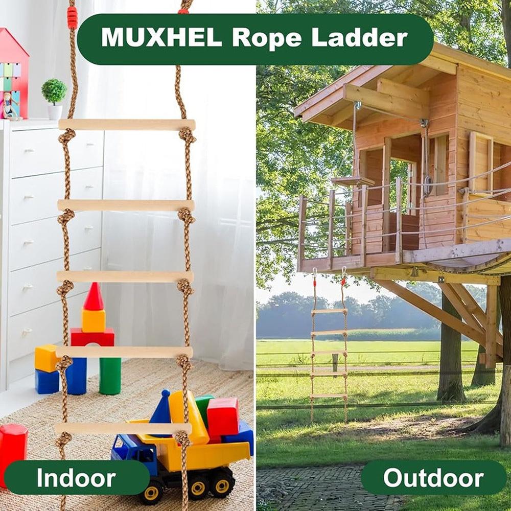 Hop N Play 9ft Rope Wooden Ladder Climbing with 9 Rungs | Capacity - Upto 120 Kgs (4-12 Years)