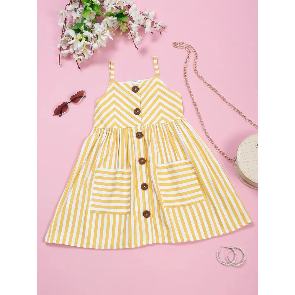 Saka Designs Pure Cotton Striped Yellow & White Shoulder Straps A-line Dress
