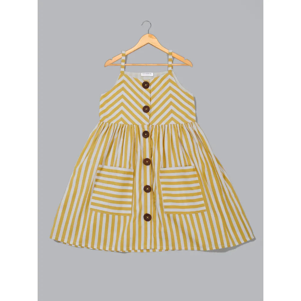 Saka Designs Pure Cotton Striped Yellow & White Shoulder Straps A-line Dress
