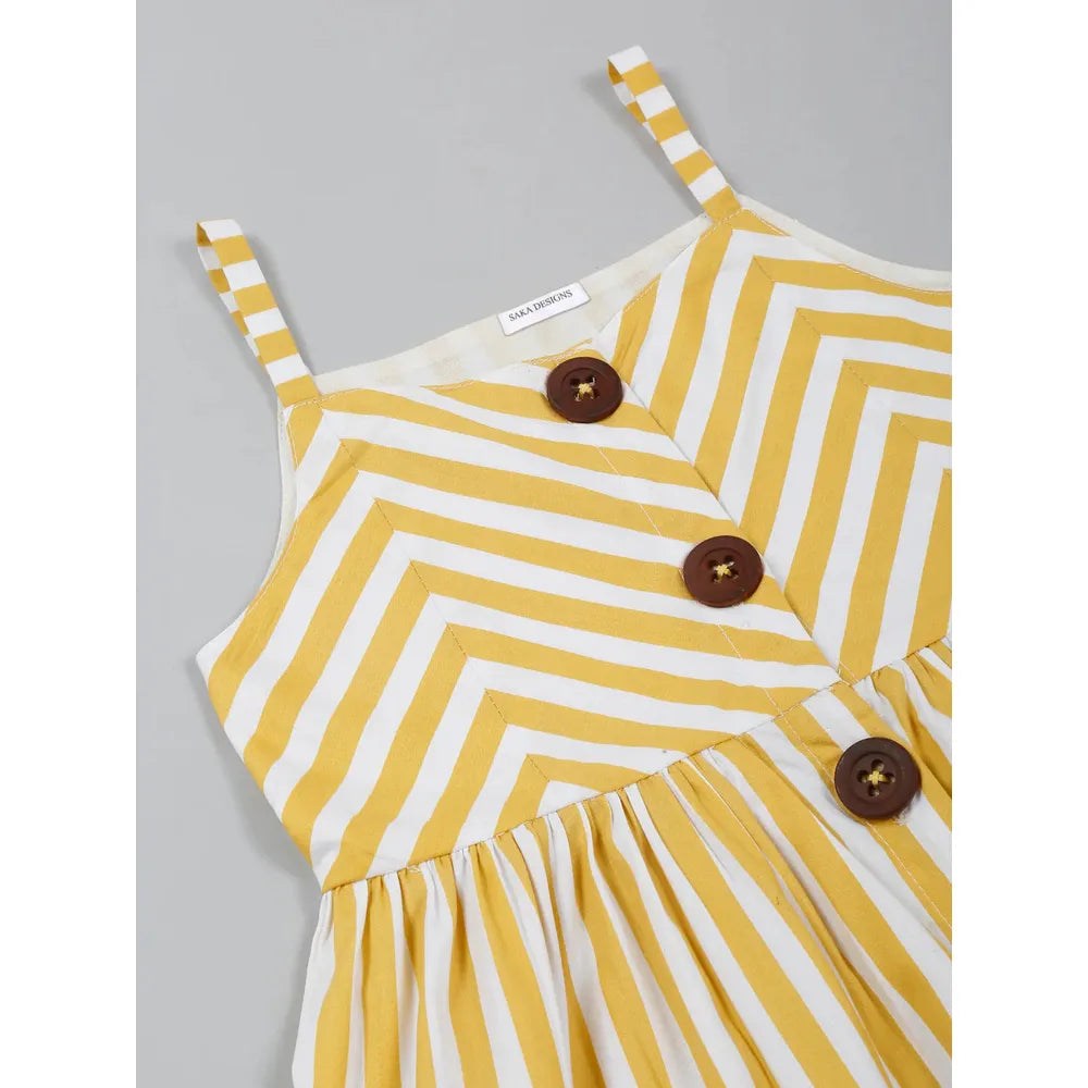 Saka Designs Pure Cotton Striped Yellow & White Shoulder Straps A-line Dress