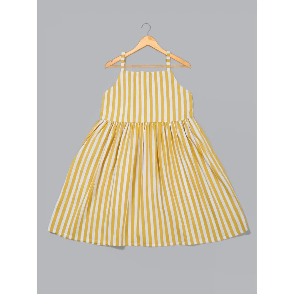 Saka Designs Pure Cotton Striped Yellow & White Shoulder Straps A-line Dress