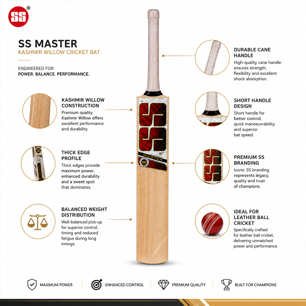 SS Master Kashmir Willow Cricket Bat Short Handle - Size - 5