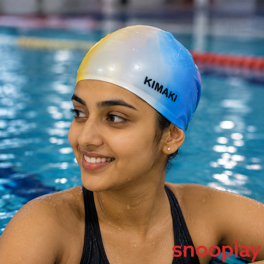Kimaki Silicone Swimming Cap - Stretchable, Comfortable & Water-Resistant | Yellow & White
