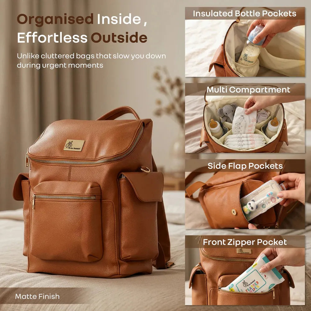 R for Rabbit Caramello Bold Neo Diaper Bag - 39 Liters | Vegan Leather, Multi-Compartment Bag