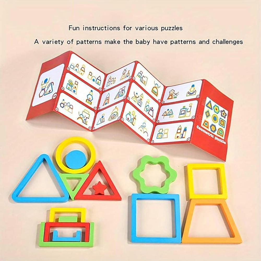 Hop N Play Wooden Shapes Puzzle | 9 Geometric Pieces & 50 Design Challenges (3-6 Years)