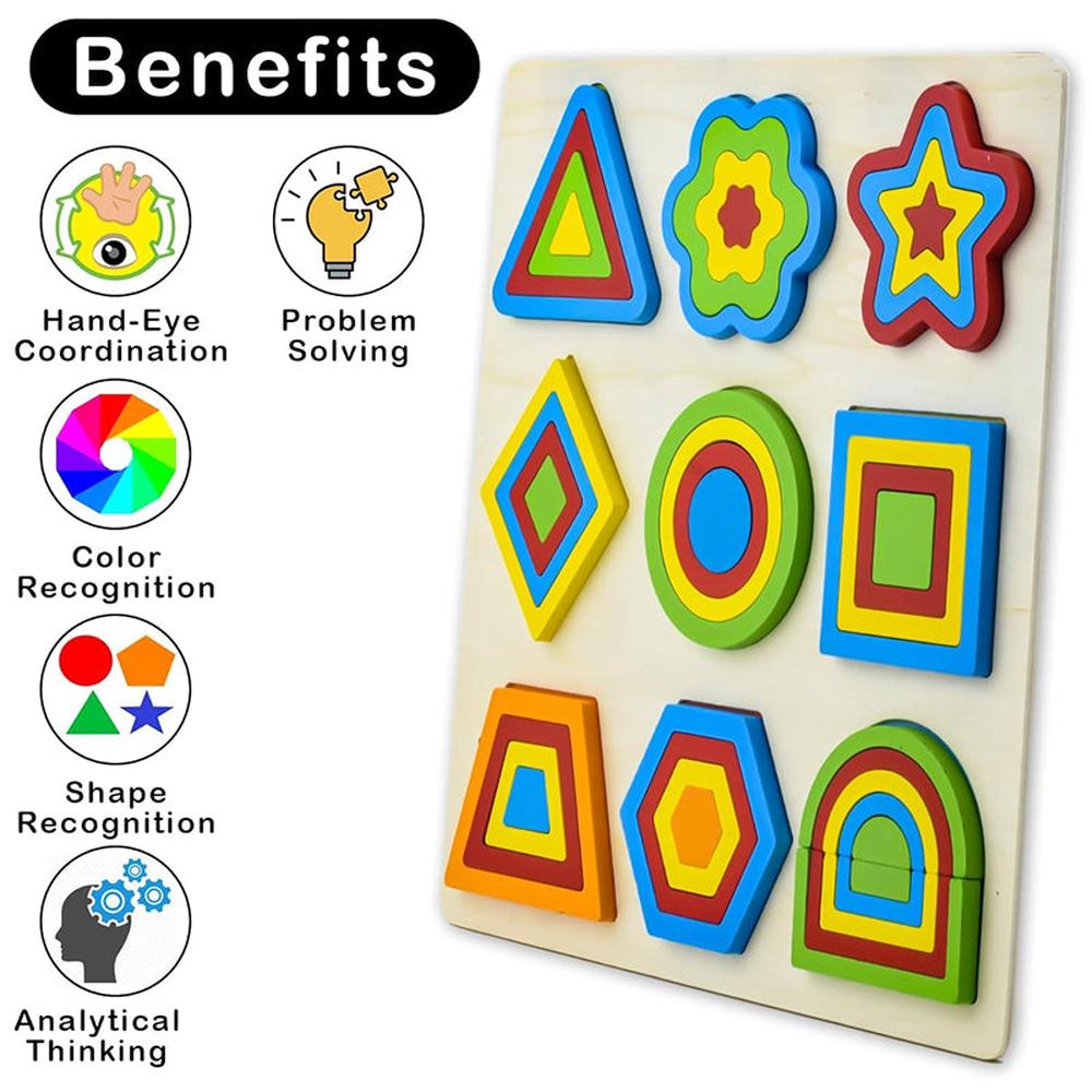 Hop N Play Wooden Shapes Puzzle | 9 Geometric Pieces & 50 Design Challenges (3-6 Years)