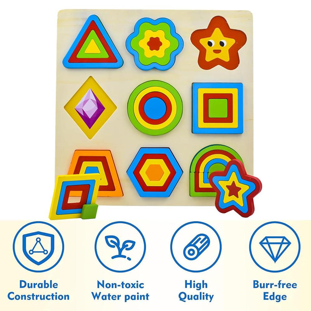 Hop N Play Wooden Shapes Puzzle | 9 Geometric Pieces & 50 Design Challenges (3-6 Years)