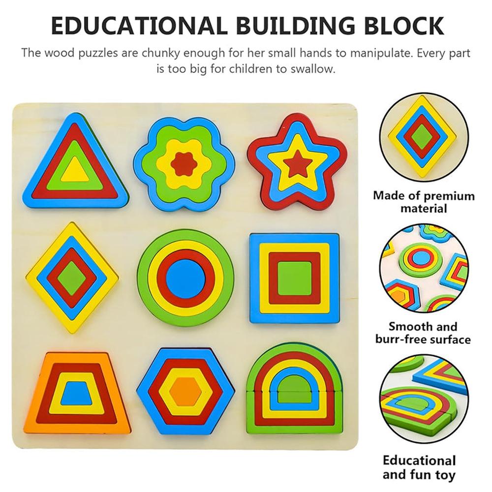 Hop N Play Wooden Shapes Puzzle | 9 Geometric Pieces & 50 Design Challenges (3-6 Years)
