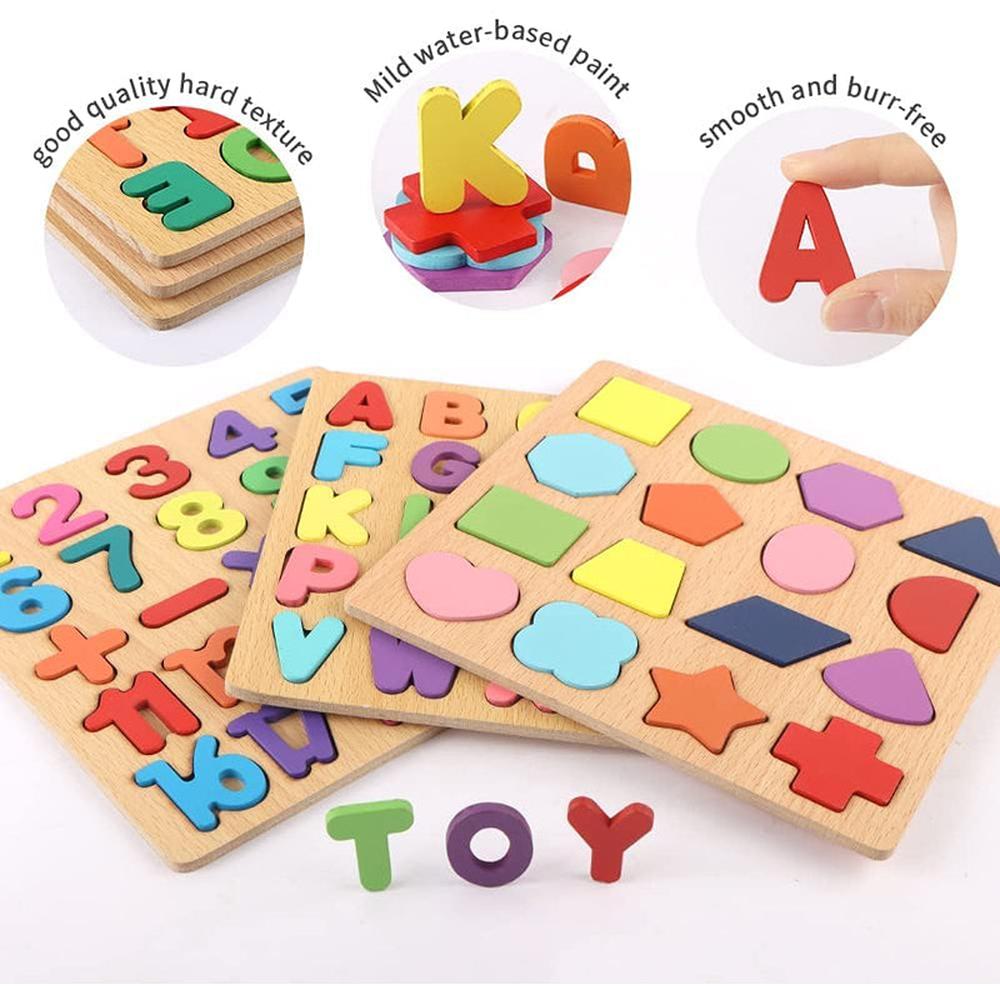 Hop N Play Set of 3 Wooden Puzzles | Alphabets, Numbers & Shapes (2-5 Years)