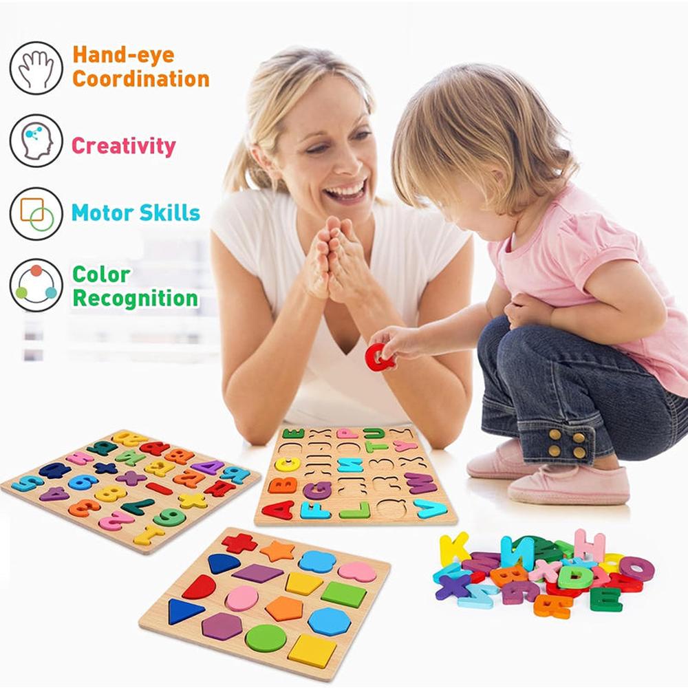 Hop N Play Set of 3 Wooden Puzzles | Alphabets, Numbers & Shapes (2-5 Years)