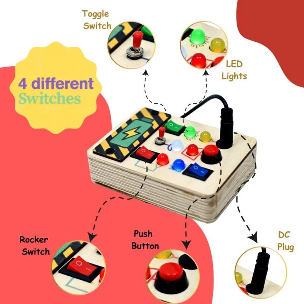 Timgloo Plug & Play Montessori Busy Board - Wooden Sensory Toy with Lights & Switches (1-6 Years)